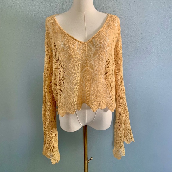 Free People oversized crochet bell sleeve top - Picture 1 of 6
